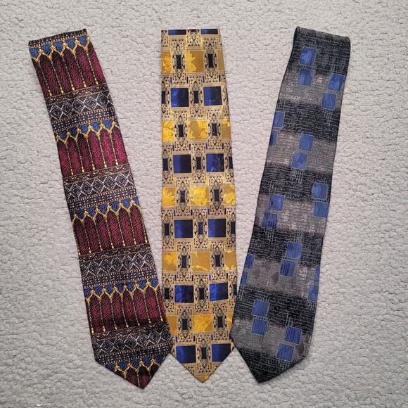 VTG Emilio Romano Silk Handmade Ties Geometric Bold Pattern Art Deco 90s Italy